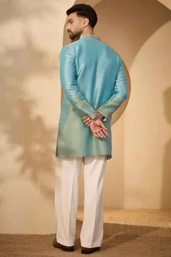 Men’s blue silk blend kurta with solid embroidered | trendy ethnic wear for festive, wedding & party occasions