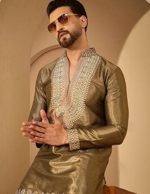 Men’s brown silk blend kurta with solid embroidered | trendy ethnic wear for festive, wedding & party occasions 2