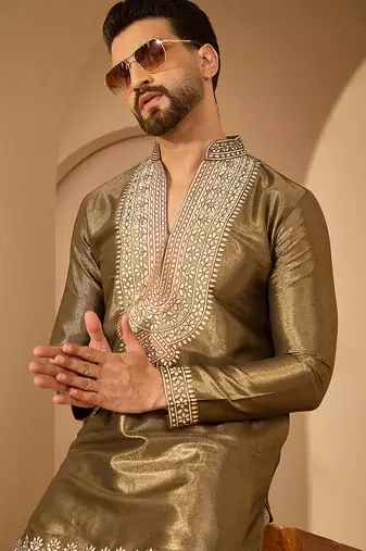 Men’s brown silk blend kurta with solid embroidered | trendy ethnic wear for festive, wedding & party occasions