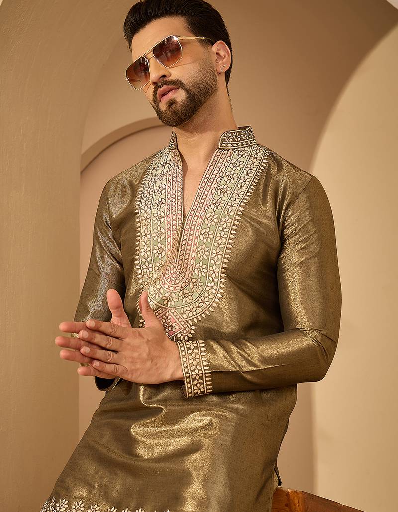 Men’s brown silk blend kurta with solid embroidered | trendy ethnic wear for festive, wedding & party occasions