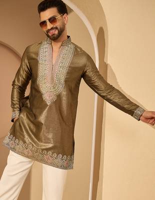 Men’s brown silk blend kurta with solid embroidered | trendy ethnic wear for festive, wedding & party occasions 3