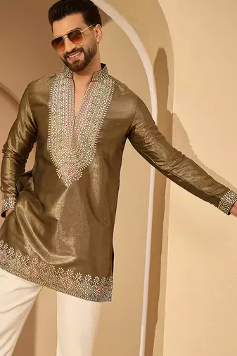 Men’s brown silk blend kurta with solid embroidered | trendy ethnic wear for festive, wedding & party occasions