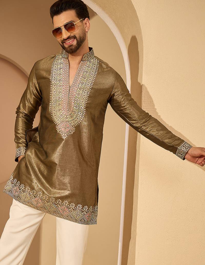Men’s brown silk blend kurta with solid embroidered | trendy ethnic wear for festive, wedding & party occasions