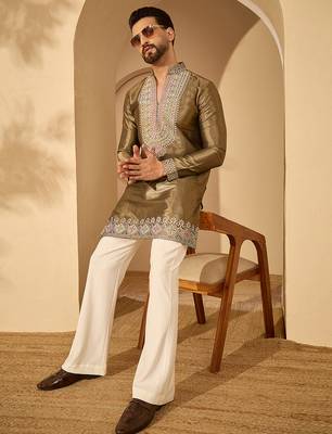 Men’s brown silk blend kurta with solid embroidered | trendy ethnic wear for festive, wedding & party occasions 1