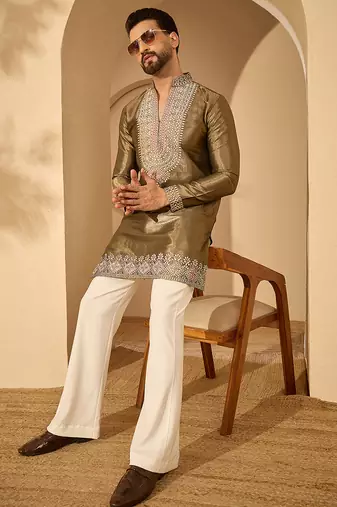 Men’s brown silk blend kurta with solid embroidered | trendy ethnic wear for festive, wedding & party occasions