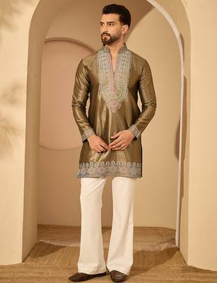 Men’s brown silk blend kurta with solid embroidered | trendy ethnic wear for festive, wedding & party occasions 5