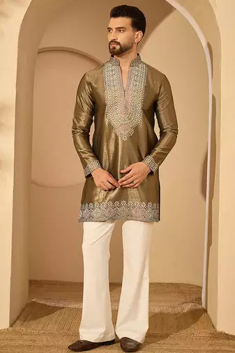 Men’s brown silk blend kurta with solid embroidered | trendy ethnic wear for festive, wedding & party occasions
