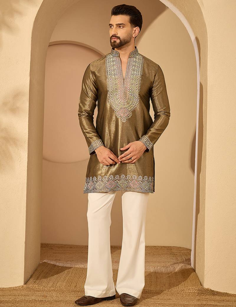 Men’s brown silk blend kurta with solid embroidered | trendy ethnic wear for festive, wedding & party occasions