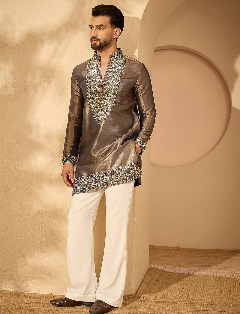 Men’s violet silk blend kurta with solid embroidered | trendy ethnic wear for festive, wedding & party occasions