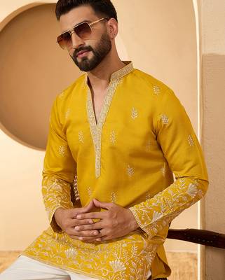 Men’s yellow chanderi silk solid embroidered kurta with trouser set | trendy designer ethnic wear for wedding, festive 1