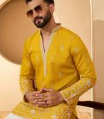 Men’s yellow chanderi silk solid embroidered kurta with trouser set | trendy designer ethnic wear for wedding, festive