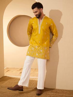 Men’s yellow chanderi silk solid embroidered kurta with trouser set | trendy designer ethnic wear for wedding, festive 2