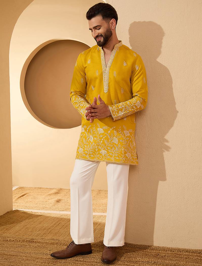 Men’s yellow chanderi silk solid embroidered kurta with trouser set | trendy designer ethnic wear for wedding, festive