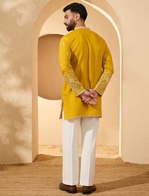 Men’s yellow chanderi silk solid embroidered kurta with trouser set | trendy designer ethnic wear for wedding, festive 4
