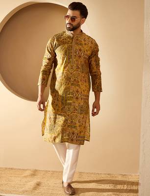 Men’s yellow silk blend ethnic motifs printed kurta with trouser set | trendy designer ethnic wear for wedding, festive 1