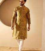 Men’s yellow silk blend ethnic motifs printed kurta with trouser set | trendy designer ethnic wear for wedding, festive