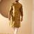 Men’s yellow silk blend ethnic motifs printed kurta with trouser set | trendy designer ethnic wear for wedding, festive