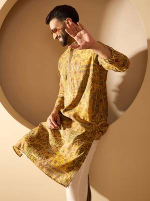 Men’s yellow silk blend ethnic motifs printed kurta with trouser set | trendy designer ethnic wear for wedding, festive 3