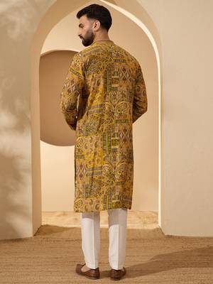 Men’s yellow silk blend ethnic motifs printed kurta with trouser set | trendy designer ethnic wear for wedding, festive 4