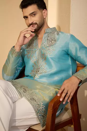 Men’s blue silk blend solid embroidered kurta with trouser set | trendy designer ethnic wear for wedding, festive
