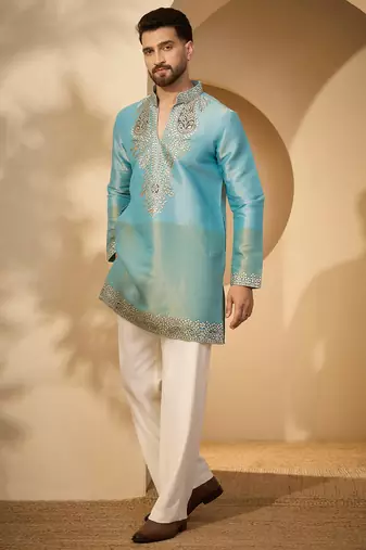 Men’s blue silk blend solid embroidered kurta with trouser set | trendy designer ethnic wear for wedding, festive