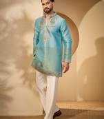 Men’s blue silk blend solid embroidered kurta with trouser set | trendy designer ethnic wear for wedding, festive