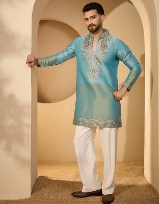 Men’s blue silk blend solid embroidered kurta with trouser set | trendy designer ethnic wear for wedding, festive 3