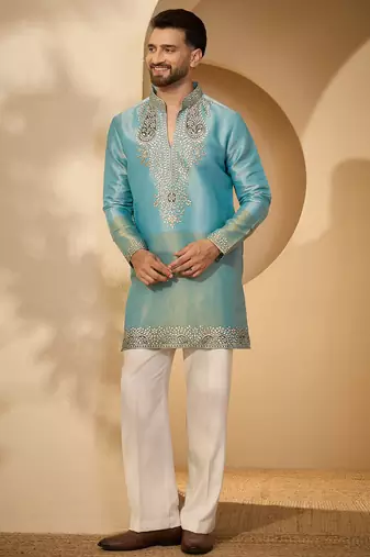 Men’s blue silk blend solid embroidered kurta with trouser set | trendy designer ethnic wear for wedding, festive