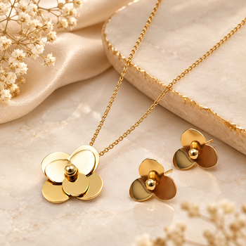 Anti-Tarnish Golden Floral Charm Pendant Neck Chain with Elegant Matching Stud Earrings 1