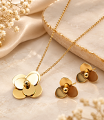 Anti-Tarnish Golden Floral Charm Pendant Neck Chain with Elegant Matching Stud Earrings