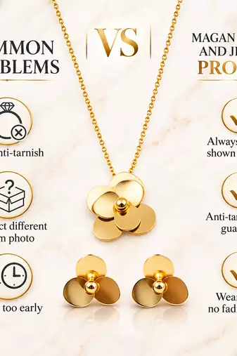 Anti-Tarnish Golden Floral Charm Pendant Neck Chain with Elegant Matching Stud Earrings