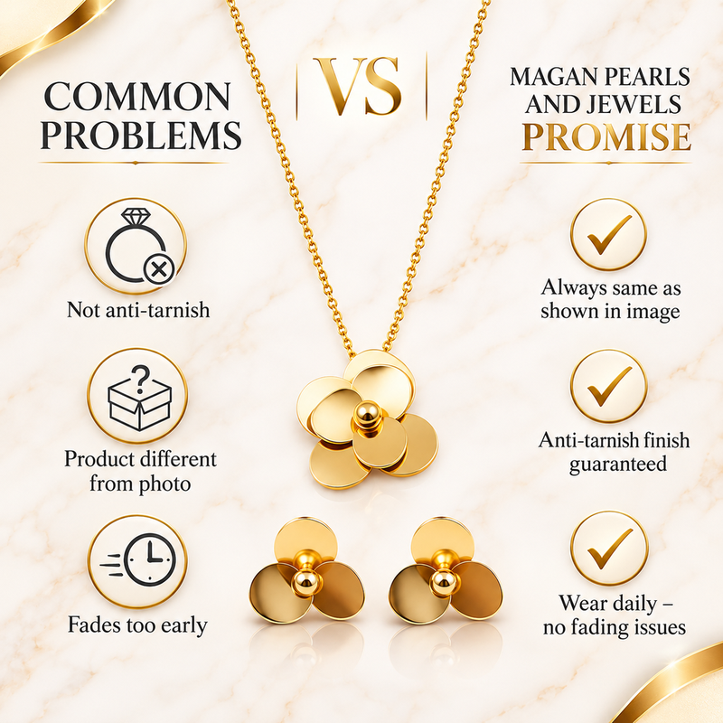 Anti-Tarnish Golden Floral Charm Pendant Neck Chain with Elegant Matching Stud Earrings