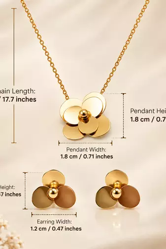 Anti-Tarnish Golden Floral Charm Pendant Neck Chain with Elegant Matching Stud Earrings