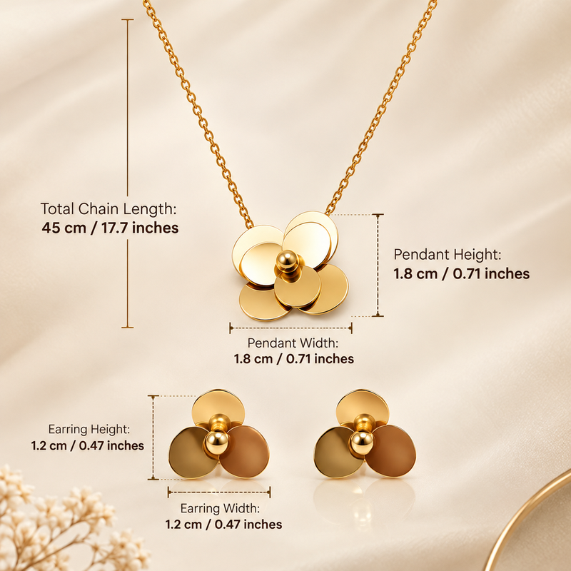 Anti-Tarnish Golden Floral Charm Pendant Neck Chain with Elegant Matching Stud Earrings