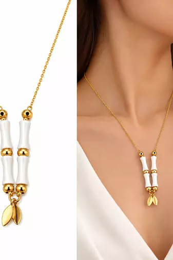 Anti-Tarnish Elegant Golden Leaf Charm & White Ceramic Beaded Designer Neck Chain