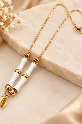 Anti-Tarnish Elegant Golden Leaf Charm & White Ceramic Beaded Designer Neck Chain