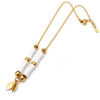 Anti-Tarnish Elegant Golden Leaf Charm & White Ceramic Beaded Designer Neck Chain 3