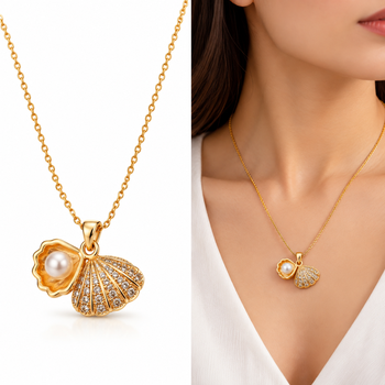 Anti-Tarnish Golden Seashell & Pearl Treasure Pendant Necklace – Elegant Ocean-Inspired Charm Chain 1