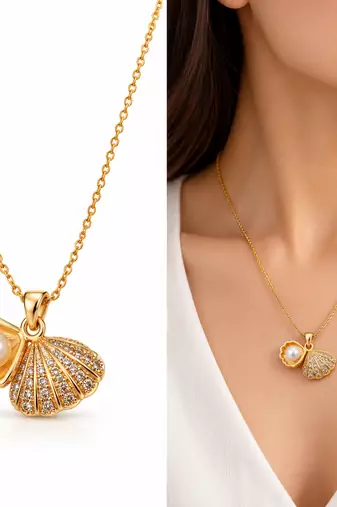 Anti-Tarnish Golden Seashell & Pearl Treasure Pendant Necklace – Elegant Ocean-Inspired Charm Chain