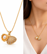 Anti-Tarnish Golden Seashell & Pearl Treasure Pendant Necklace – Elegant Ocean-Inspired Charm Chain
