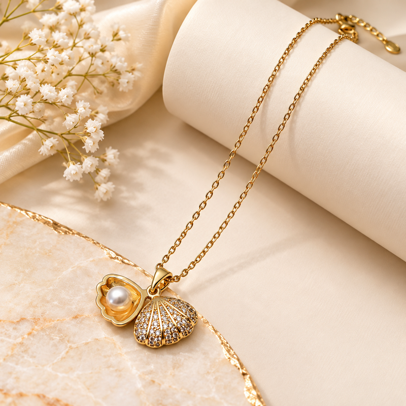 Anti-Tarnish Golden Seashell & Pearl Treasure Pendant Necklace – Elegant Ocean-Inspired Charm Chain
