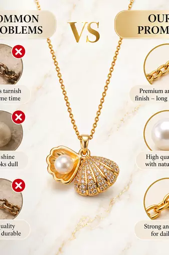 Anti-Tarnish Golden Seashell & Pearl Treasure Pendant Necklace – Elegant Ocean-Inspired Charm Chain