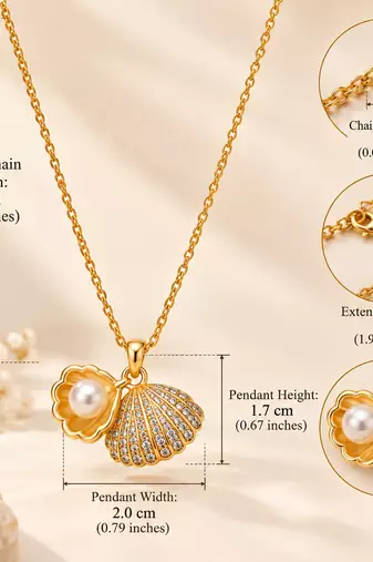 Anti-Tarnish Golden Seashell & Pearl Treasure Pendant Necklace – Elegant Ocean-Inspired Charm Chain