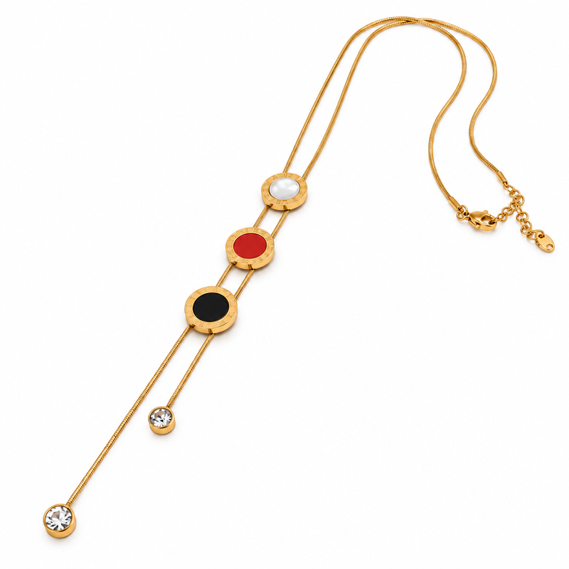 Anti-Tarnish Luxe Gold-Tone Triple Colour Enamel Disc & Crystal Drop Statement Neck Chain