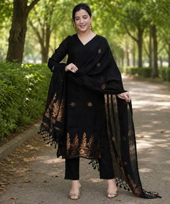 New collection black golden woven art silk elegant kurta set 3