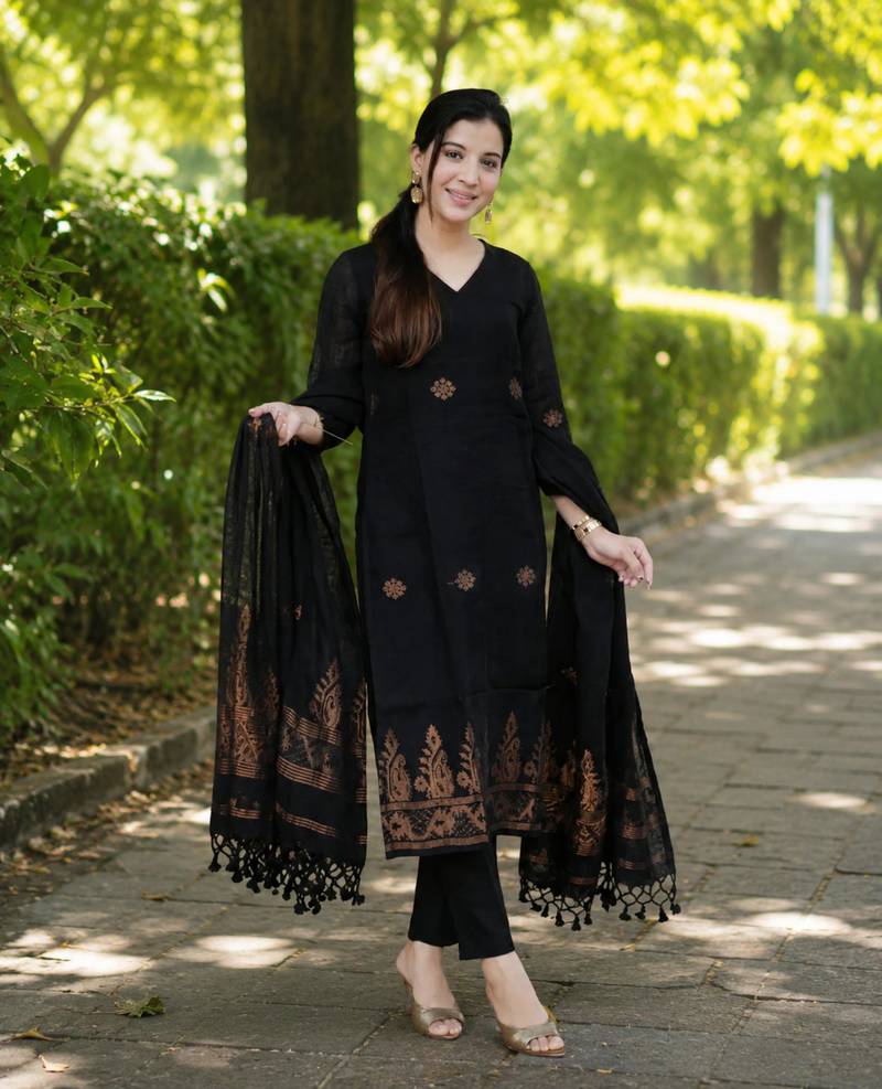 New collection black golden woven art silk elegant kurta set