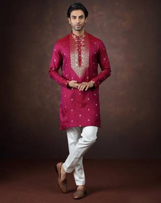 Pink jacquard kurta pajama for men 1