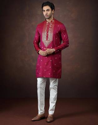 Pink jacquard kurta pajama for men 2