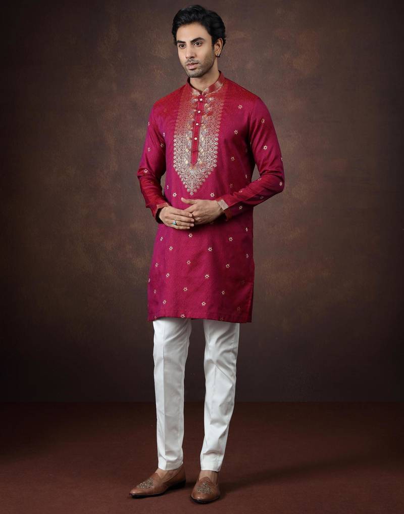 Pink jacquard kurta pajama for men