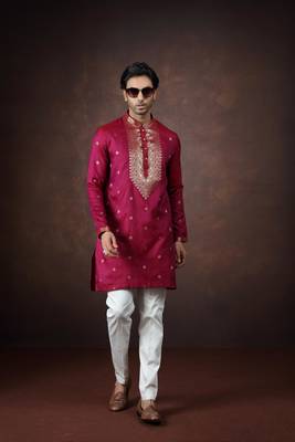 Pink jacquard kurta pajama for men 3